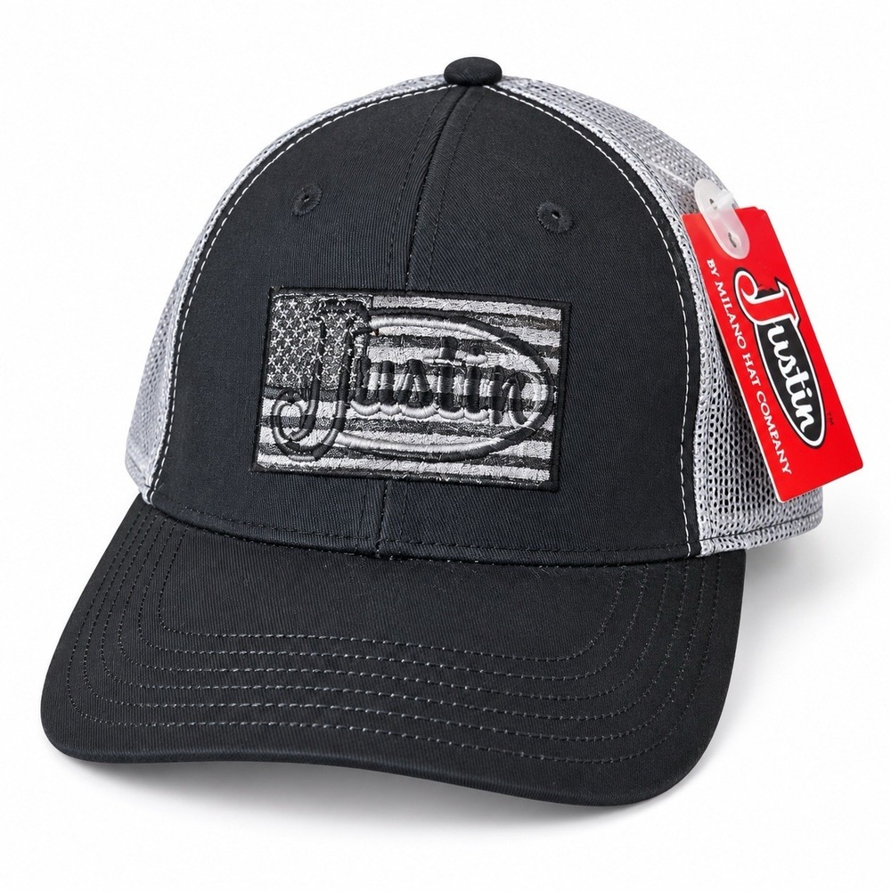 Justin Mens American Flag Patch Trucker Hat Black Gray Mesh Snapback JCBC728-BLK
